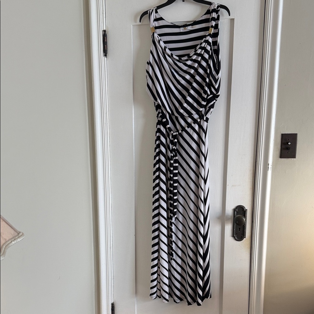 Calvin Klein Black and White Striped Maxi Dress